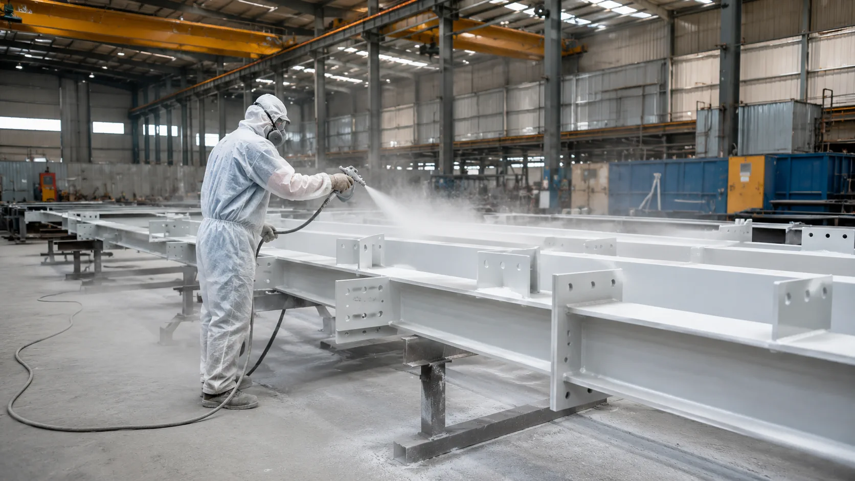 Intumescent painting Croydon: light-grey protective coating applied to structural steel connections, shown as a Premier Blasting project example