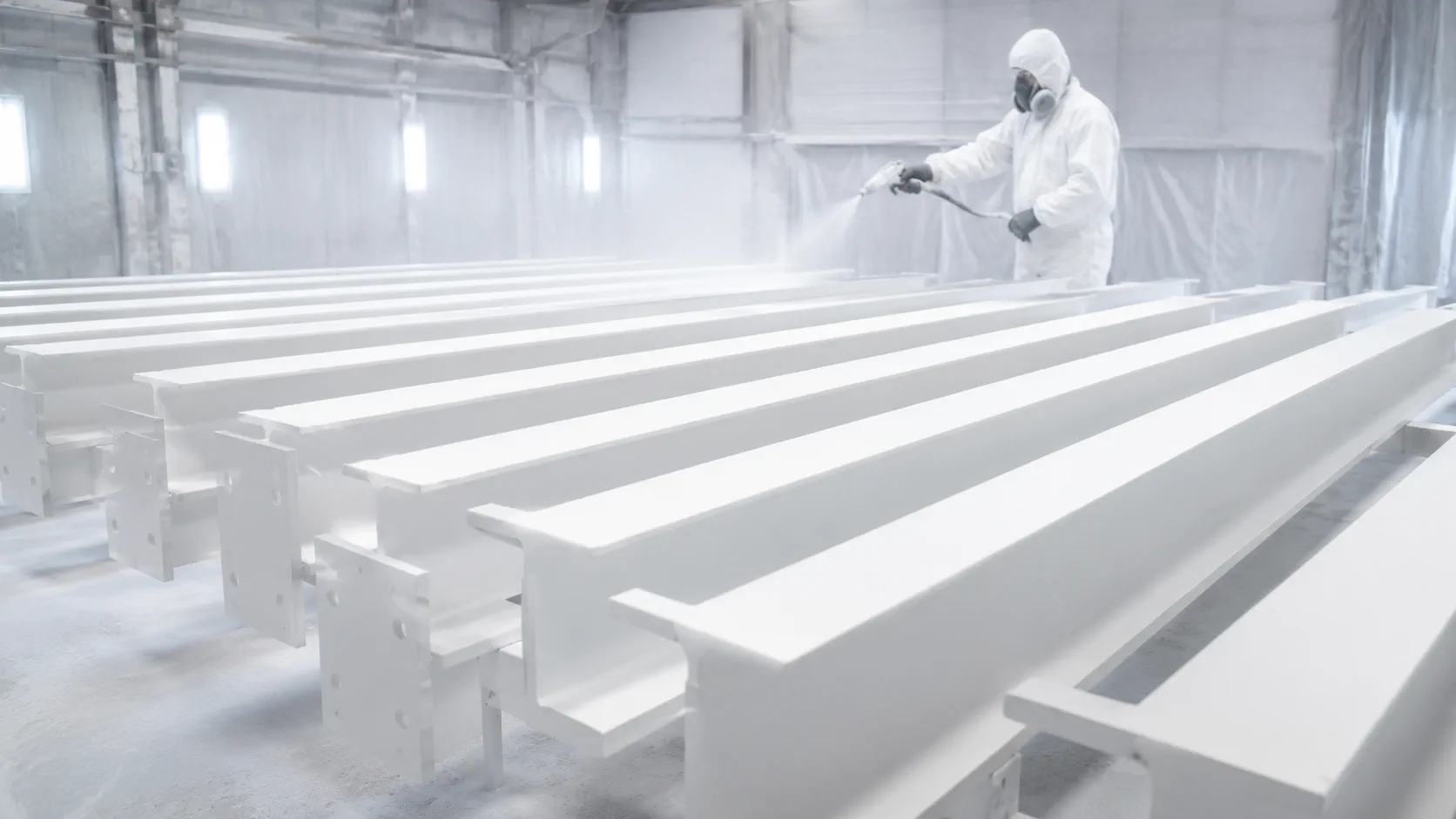 Intumescent painting Croydon: coated steel beams within a multi-level commercial frame, shown as a Premier Blasting project example