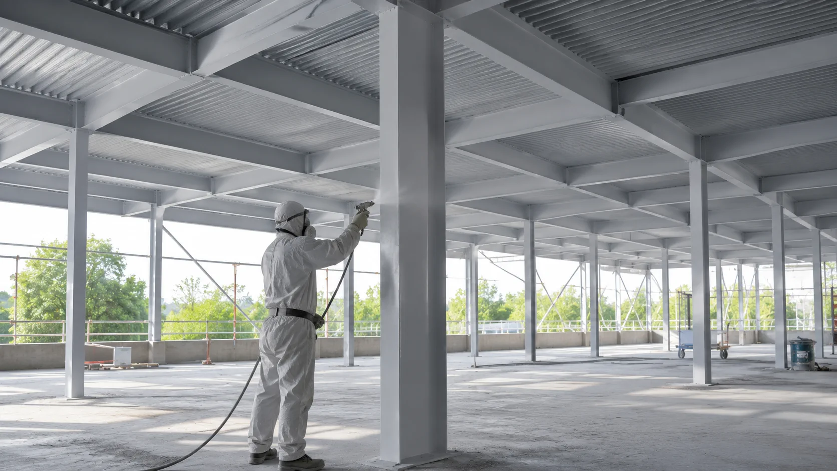 Intumescent painting Croydon: coated perimeter steelwork with visible connection detailing, shown as a Premier Blasting project example