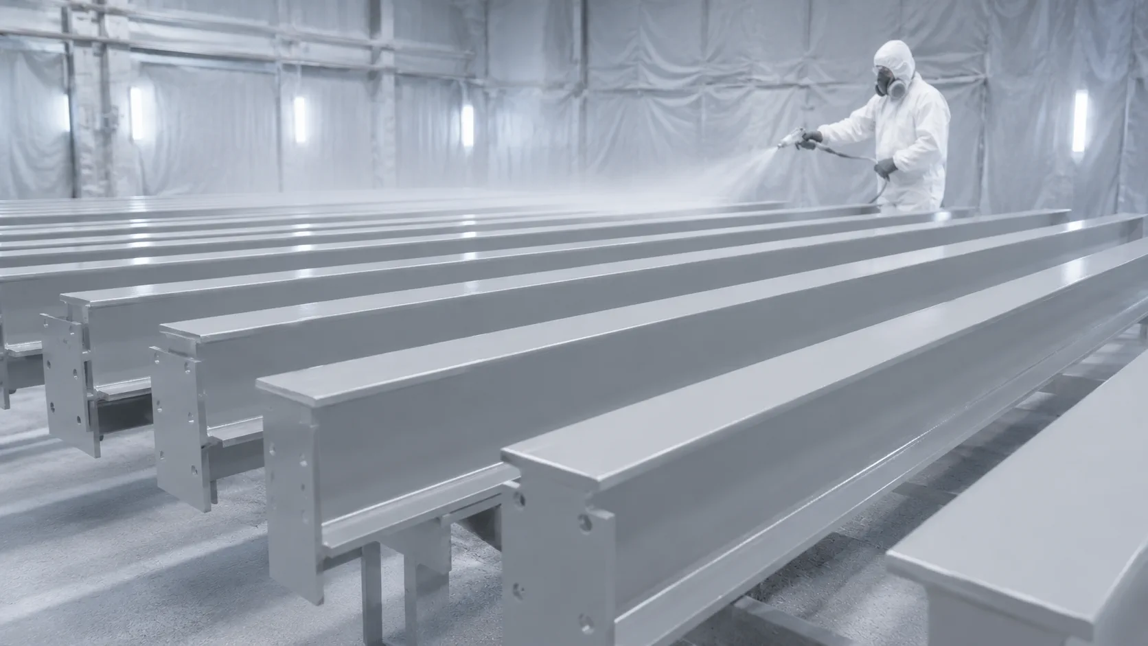 Intumescent painting Croydon: completed light-grey coating across structural beams and columns, shown as a Premier Blasting project example